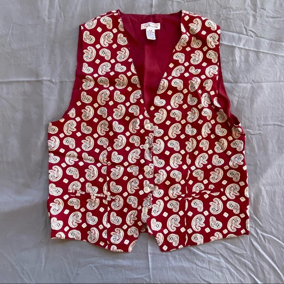 TRUE VINTAGE Talbots M Deep Red Paisley Button Front Lined Waistcoat Vest - Picture 9 of 11